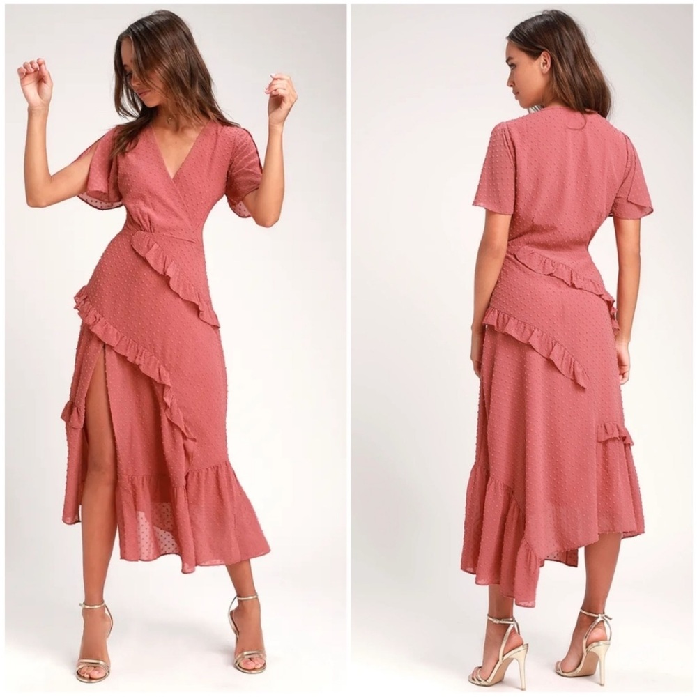 Lulus Elegant Pink Ruffle Wrap Dress